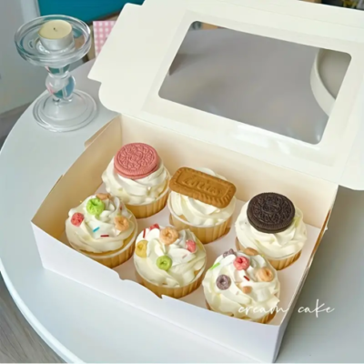 Cupcakes White Box whit Window 9.3" x 6.2" x 2.9". 6 Holes