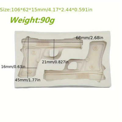 Gun Bullet Silicone Mold. Two Guns. 1pc. Grey. 4.17"x2.44"x0.59"