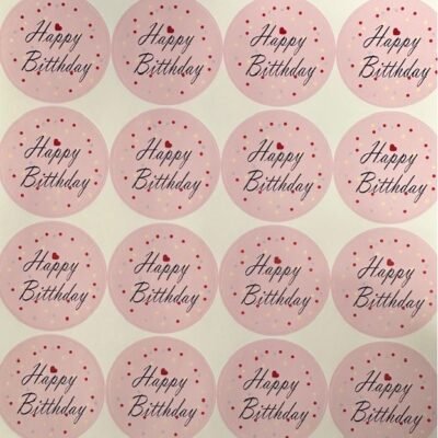 Stickers. 1.5" Round. Happy Birthday design. 16 un. per sheet.
