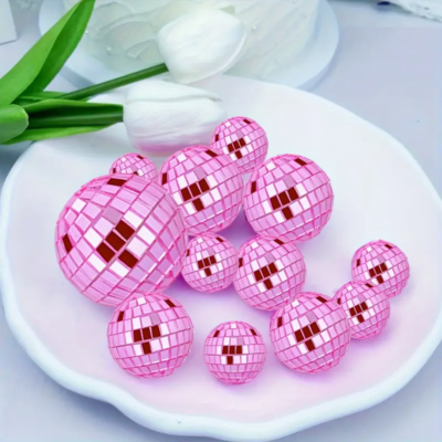 No edible deco. Pink Disco Ball Cake Decorations x 12 u. Multi size