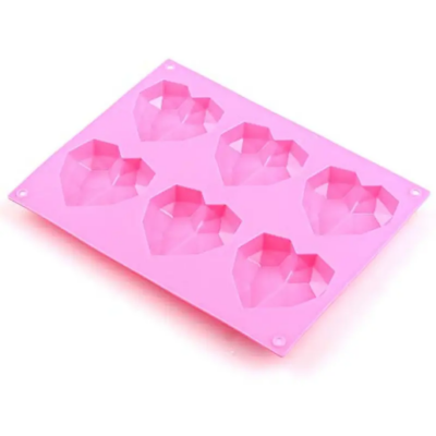 Silicone baking and chocolate mold. Geometric heart, 6 cavities, pink.