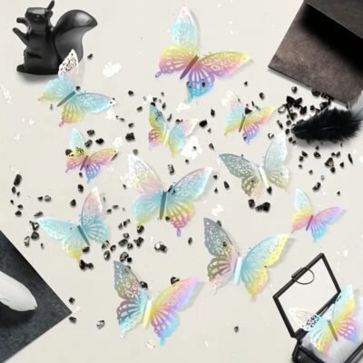 Butterfly Stickers 3D. Iridescent Silver x 12 pieces.
